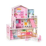 ATHRZ Puppenhaus Dollhouse Mit ZubehöR Puppen Play Mobil Haus Traumvilla ZubehöR Puppenhaus Holz Groß Prinzessinnen Spielzeug Schloss Schminktisch Kinder MäDchen Komplett Top Bright Puppen MöBel