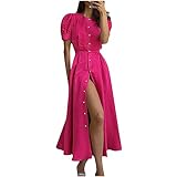tsaChick Damen Kleid Damen Einfarbig Einreihig Sexy Split Mitte Länge Kurze Ärmel Rundhalsausschnitt Kleid Damen Kleid Sommer Sommerkleid Midi Pareos & Strandkleider Für Damen Sommerkleid Festlich
