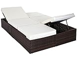 Casaria Sonnenliege XL 2 Personen Polyrattan 7cm Auflage Klapptische Verstellbare Rücken- Fußlehne Garten Terrasse Gartenliege Doppelliege Braun Creme