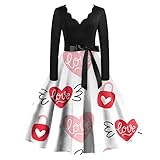 YunYoud Damen 50er Jahre Kleider Langarm Retro Cocktail Midikleid Valentinstag Tea Party Kleid Rockabilly Kleider Vintage Swing Kleider Petticoat Kleid