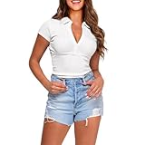 Kurzarm Crop Tops für Damen V-Ausschnitt Slim Fit Tops T-Shirts Basic Crop Top Kurzarm einfarbig Rundhalsausschnitt Skinny Tops schmales Shirt abgeschnittenes Hemd Slim Fit lässiges Crop Shirt S-3XL