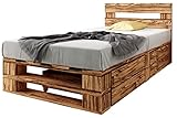 sunnypillow Palettenbett M2 aus Holz 120 x 200 cm mit Kopfteil und 2 Bettkästen. Stabiles Seniorenbett Kinderbett Jugendbett Gästebett erhöhtes Einzelbett Bettgestell Futonbett Komforthöhe Geflammt