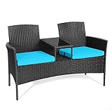 COSTWAY Polyrattan Gartenbank, 2-Sitzer Gartenmöbel Set mit Tisch & Kissen, 138 x 61 x 85 cm, Rattan Sitzbank wetterfest, Balkonmöbel für Garten, Balkon (Türkis)