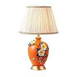 PAREKS Nachttischlampe Orange Emaille Handwerk Tischlampe Schlafzimmer Keramik Nachttischlampe Kupfersockel mit Leinen Lampenschirm Nachttischlampen
