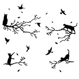 PLIGREAT Vögel Baum Zweige Wandaufkleber, Fein geschnitzte Wandabziehbilder ohne Kanten, Schwarze Katze auf Zweigen Wandaufkleber für Wohnzimmer Wanddekoration Home Indoor Wall Art Decor Fensterdekor