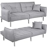 Yaheetech Klappbares Schlafsofa Bettsofa aus Leinenstoff Tagessofa mit 2 Kissen, Sofa Couch mit Bettfunktion Liegefläche 177 cm L × 110 cm B fürs Wohnzimmer/Schlafzimmer/Gästezimmer Hellgrau