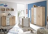 möbel-direkt Babyzimmer Micha I 7 teilig in Asteiche und Artisan Weiß mit 4 türigem Schrank, Babybett mit Lattenrost und Umbauseiten, Wickelkommode und 3 Regalen …