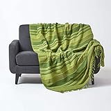 Homescapes Tagesdecke Morocco, grün, Sofa-Überwurf aus 100% Baumwolle, weiche Wohndecke 150 x 200 cm, grün gestreift, mit Fransen