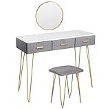 WOLTU Schminktisch mit Hocker Spiegel Frisiertisch mit Schubladen Große Tischplatte 100x40cm, Modern Kosmetiktisch für Schlafzimmer Grau MB6080gr