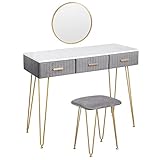 WOLTU Schminktisch mit Hocker Spiegel Frisiertisch mit Schubladen Große Tischplatte 100x40cm, Modern Kosmetiktisch für Schlafzimmer Grau MB6080gr