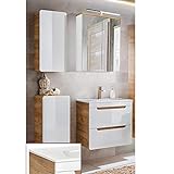 Lomadox Badezimmermöbel Set in Hochglanz weiß mit Wotan Eiche Nb, 60 cm Keramik-Waschtisch mit Unterschrank, LED-Spiegelschrank, Unterschrank & Hängeschrank