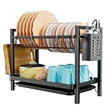 Yexati 2 Etagen Gestell zum Abtrocknen von Geschirr,Große Kapazität Abtropfgestell,Küche Geschirrkorb mit Utensilien Organzie,Abtropfgestell mit Schneidebrett-Halter, Plus 3 Haken, Schwarz