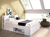Bett mit Stauraum & Schubladen + Lattenrost + Matratze - 140 x 190 cm - Weiß - LEANDRE