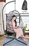 MOJIA Hängesessel mit Gestell Polyrattan mit Kissen & Abdeckhaube, Hängesessel Outdoor&Indoor Faltbarer Hängestuhl Belastbar bis 195 kg (Hellgrau)