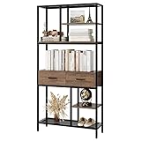 HOCSOK Bücherregal, Büroregal mit 5 Ebenen und 2 Schubladen, Standregal Holz, Industrie, Metallgestell, Aufbewahrungsregal für Büro, Wohnzimmer, Schlafzimmer, Flur, 30 x 90 x 180 cm, (braun+schwarz)