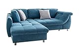 lifestyle4living Ecksofa mit Schlaffunktion in Blau mit großen Rücken-Kissen und Zierkissen, Microfaser-Stoff | Gemütliches L-Sofa mit Longchair im modernen Look
