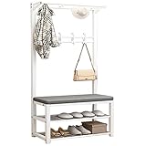 Eingangs-Garderobe mit Schuhbank, Flurbaum, 3-in-1 funktionaler Garderobenbaum, Schuhregal, Organizer, industrielle Akzentmöbel mit Metallrahmen (Farbe: Weiß, Größe: 100 cm)