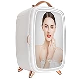 VEVOR Tragbarer Gespiegelter 6 L Schönheitskühlschrank mit LED-Beleuchtung, Weiß 9 V DC Minikühlschrank Make-up, 8 Dosen 3 LED Spiegel Licht Modus, Klein Skincare Fridge für Büro, Schlafzimmer usw.