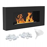 KRATKI Delta Flat Bio Ethanol Kamin + Kieselsteine 2 kg + Trichter | Wandmontierter Real Fire, Biocontainer 0,4 l, TÜV-Zertifiziert | Stahl, 40 x 90 cm, Schwarz Matt