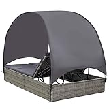 Homgoday Sonnenliege mit Dach Gartenliege Doppelliege Relaxliege Gartenmöbel Liege Strandliege Beide Seiten sind Verstellbar für Garten Terrasse Poly Rattan Grau 194 x 120,5 x 156 cm