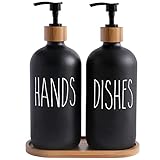 Glas Seifenspender Set, BIKALAN 475ml Seifenspender Schwarz Matt Badezimmer Set mit Tablett, Shampoo Lotion Handseifenspender für Küche Arbeitsplatte