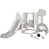 GOPLUS 6 in 1 Kinderrutsche mit Schaukel, Spielzeugrutsche mit Kletterleiter, Höhenverstellbarem Basketballkorb, Fußballtor & Golf, Indoor & Outdoor Spielplatz für Kinder von 3-8 Jahren (Grau)