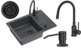 SET: SCHWARZ Granitspüle 62x44 cm +Küchenarmatur VERY BLACK mit flexiblem Auslauf + Siphon VERY BLACK + VERY BLACK Spender