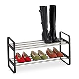 Relaxdays Schuhregal, Metall, 2 Ebenen, stapelbar, HBT 38 x 73,5 x 28 cm, bis zu 6 Paar Schuhe, offen, schwarz/silber