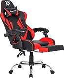 Defender Pilot Gaming Stuhl, ergonomischer Bürostuhl mit Fußstütze und verstellbarem Lendenkissen, 135° Neigungswinkel, höhenverstellbarer Schreibtischstuhl, bis 120 kg, Kunstleder, schwarz/rot