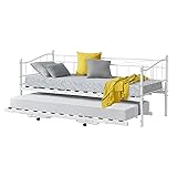 [en.casa] Metall Tagesbett Skutskär 90x200cm Bettsofa mit ausziehbarer Liege Schlafsofa Kojenbett Weiß