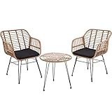 TecTake 800802 Rattan Sitzgruppe für 2 Personen, 3-TLG. Bistroset, Balkonset mit 2 Stühlen + Tisch, kleine Lounge für Garten Balkon Terrasse, inkl. Sitzkissen - Diverse Farben - (Natur | Nr. 403558)