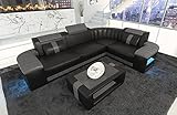 Sofa Bergamo Leder L Form Ecksofa Ledersofa mit Beleuchtung Couch mit Kopfstützen (Ecke rechts, Schwarz-Grau)