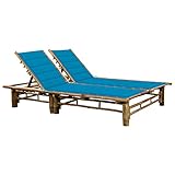 Homgoday 2-Personen-Sonnenliege mit Blau Auflagen Doppelliege Gartenliege Lounge Doppelliege Relaxliege Gartenmöbel Strandliege Freizeitliege für Garten Balkon Terrasse Pool Bambus