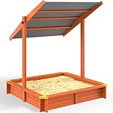 Spielwerk Sandkasten Sami mit Dach 120x120cm imprägniertes Holz Füllstand Skala UV 50+ Kantenschutz Bodenvlies Sandspielzeug Kinder Sandbox Sandkiste