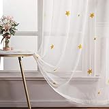 MIULEE Sheer Vorhang Voile Sterne Stickerei Ösen Transparent Dekoschal Gardine Ösenvorhang Schals Fensterschal für Kinderzimmer Wohnzimmer Schlafzimmer 2er Set 225 X 140cm（H x B） Sterne Gelb