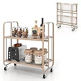 COSTWAY 2 Ebenen Servierwagen klappbar, Küchenwagen mit Rollen, Oberfläche aus gehärtetem Glas & Metallrahmen, Rollwagen Mobil, Allzweckwagen für Küche Esszimmer, 65,5 x 40 x 72,5 cm