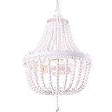 TOCHIC 3-flammig Kronleuchter Vintage Holzperlen Hängeleuchte Ø35cm Pendelleuchte Esstisch Landhaus Korblüster Wohnzimmer Modern Schlafzimmerlampe Hängend Deckenleuchte Retro Hängelampe Metall weiß