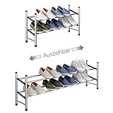 TZAMLI Ausziehbar Schuhregal mit 2 Ebenen zur Aufbewahrung von bis zu 12 Paar Schuhen, Verstellbarer stapelbarer Schuhregal-Stauraum für den Flur, 62~114 x 22 x 35 cm (Silber grau, 2 Böden)