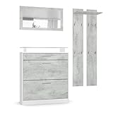 Vladon Garderobe Loret Mini, Garderobenset bestehend aus 1 Schuhschrank, 1 Wandspiegel und 2 Garderobenpaneele, Weiß matt/Beton Oxid-Optik