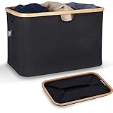 HENNEZ Faltbarer Wäschekorb Schwarz 60L - Wäschekorb aus Stoff mit Bambus - Klappbarer Wäschekorb Faltbar Flach - Collapsible Foldable Laundry Basket - Wäschekorb Tragbar Wäschesammler