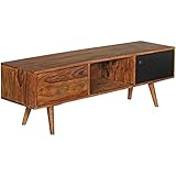 möbelando TV Lowboard REPA 140 cm Massiv-Holz Sheesham Landhaus 2 Türen & Fach | HiFi Regal braun/schwarz 4 Füße | Fernseher Kommode Vintage