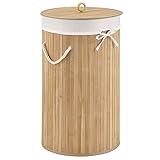 Juskys Bambus Wäschekorb Curly-Round — 55 Liter Volumen — Wäschesammler mit Deckel, Tragegriffen & Stoff Wäschesack — 1 Fach Wäschebox — in Natur