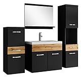 Badezimmer Badmöbel Set Alba 60cm Waschbecken Mat Schwarz mit Eiche - Unterschrank Hochschrank Waschtisch Möbel