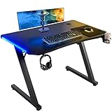 AuAg Gaming Schreibtisch 100 x 60 cm, Ergonomischer Gaming Tisch mit Fernbedienung, RGB LED Beleuchtung, Becherhalter & Kopfhörerhaken, PC Computertisch, stabiles Z-Gestell, Schwarz