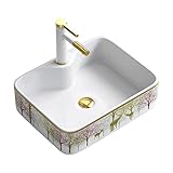 Badezimmer-Waschbecken, 15,9 x 11,8 Zoll, Badezimmer-Waschbecken, vergoldet, dekoratives Muster, rechteckiges Waschbecken, dekorative Kunst über dem Waschtisch, weißes Porzellan-Keramik-Waschbecken,