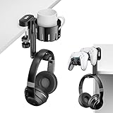 KDD Kopfhörer Halter 360° Drehbar - 3 in 1 Controller Halter & Ersetzbarer Getränkehalter, Universal Headset Halterung Tisch aus ABS, Controller Ständer für Universal Headset, Controller, Becher