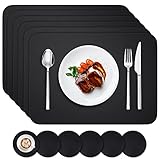 BANNIO 6er Set Tischsets Abwaschbar,Abwischbar Lederoptik Platzset und Untersetzer,Wasserdicht PVC Platzdeckchen Tischset für Hause Küche Restaurant und Hotel,41x31cm,Schwarz