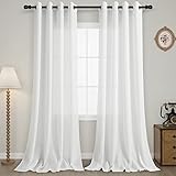 Leinenvorhänge Weiß Gardinen Leinen Halbtransparent Landhausstil Luftig Dekoschal Boho Vorhang Leinenstruktur Weiß Gardinen für Fenster Schlafzimmer Wohnzimmer Modern mit Ösen 245x140 cm 2er set