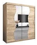 Kryspol Schwebetürenschrank Madryt 180 cm mit Spiegel Kleiderschrank mit Kleiderstange und Einlegeboden Schlafzimmer- Wohnzimmerschrank Schiebetüren Modern Design (Sonoma)