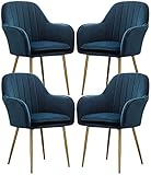 Moderne Küchen-Esszimmerstühle, Samt-Esszimmerstühle, 4er-Set, stabile Metallfüße mit Armlehnen und Rückenlehne, Küchen- und Wohnzimmerstühle (Farbe: Blau)